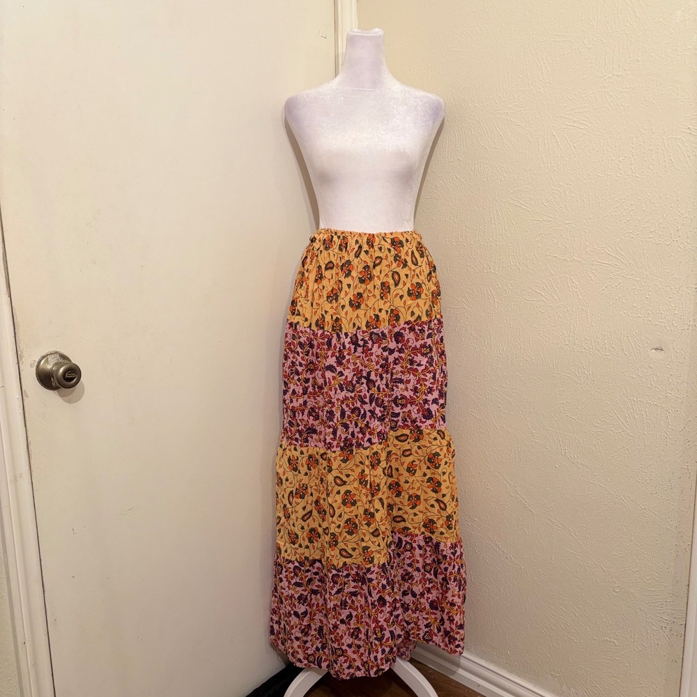 Tiered Floral Patchwork Paisley Maxi Skirt Yellow Pink Boho Skirt Cottagecore S